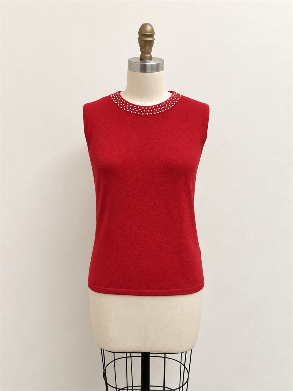 Vintage Red Rhinestone Sleeveless Knit Top